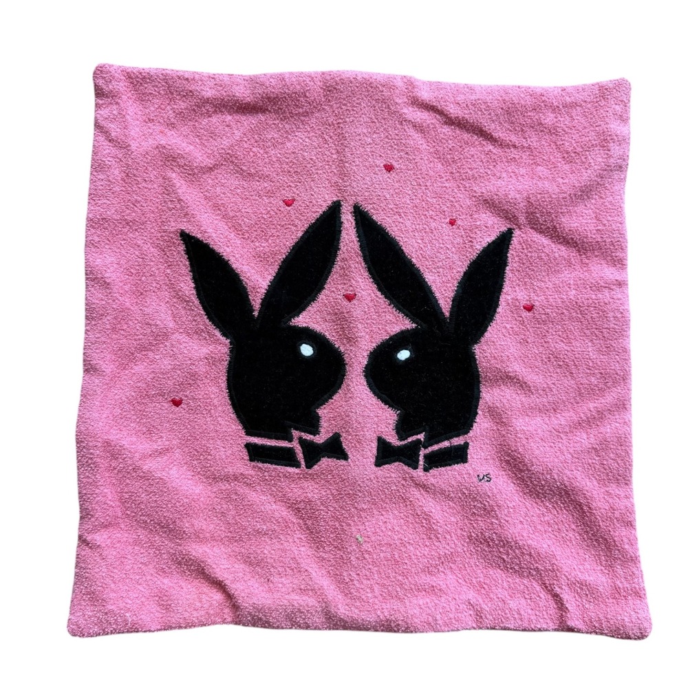 Vintage Playboy Bunny Pink Terry Cloth Throw Pillow Cover Embroidered Hearts